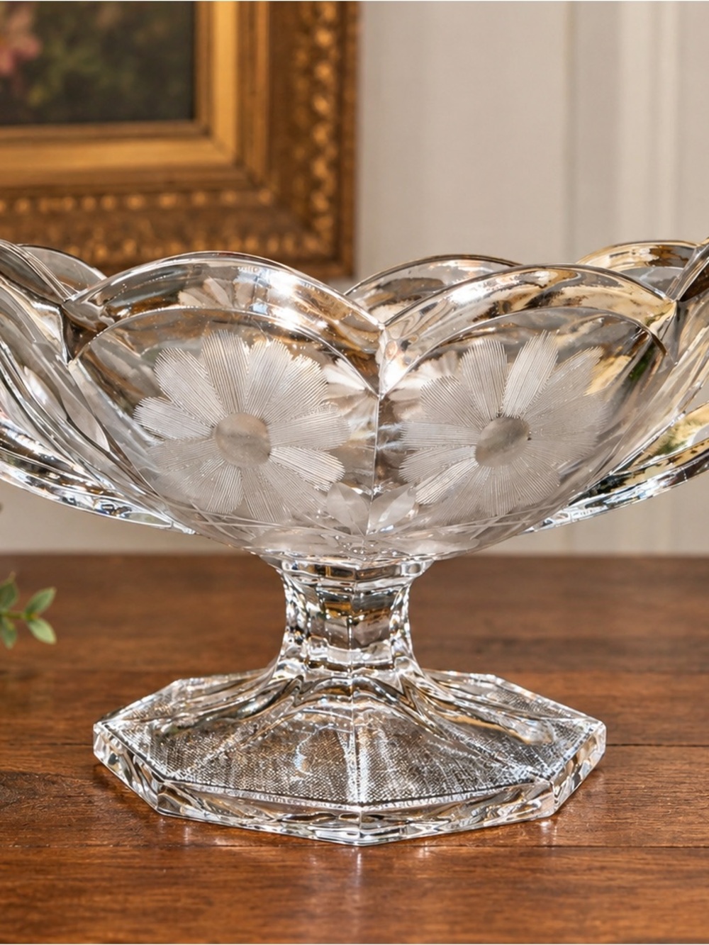 Vintage Clear Pressed Glass Pedestal Console Bowl Daisy Floral Double Handle